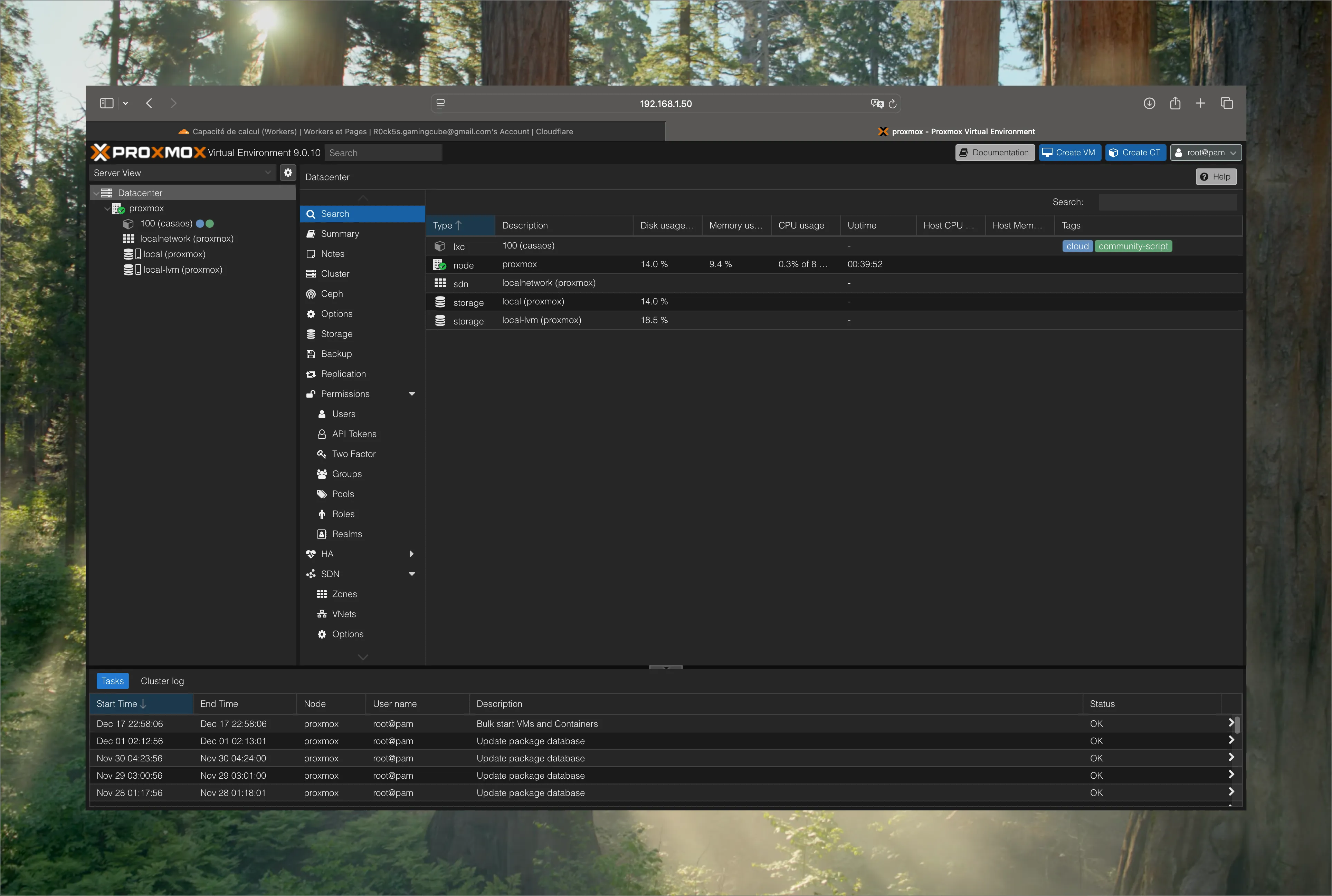 Tableau de bord Proxmox VE avec conteneurs LXC et machines virtuelles